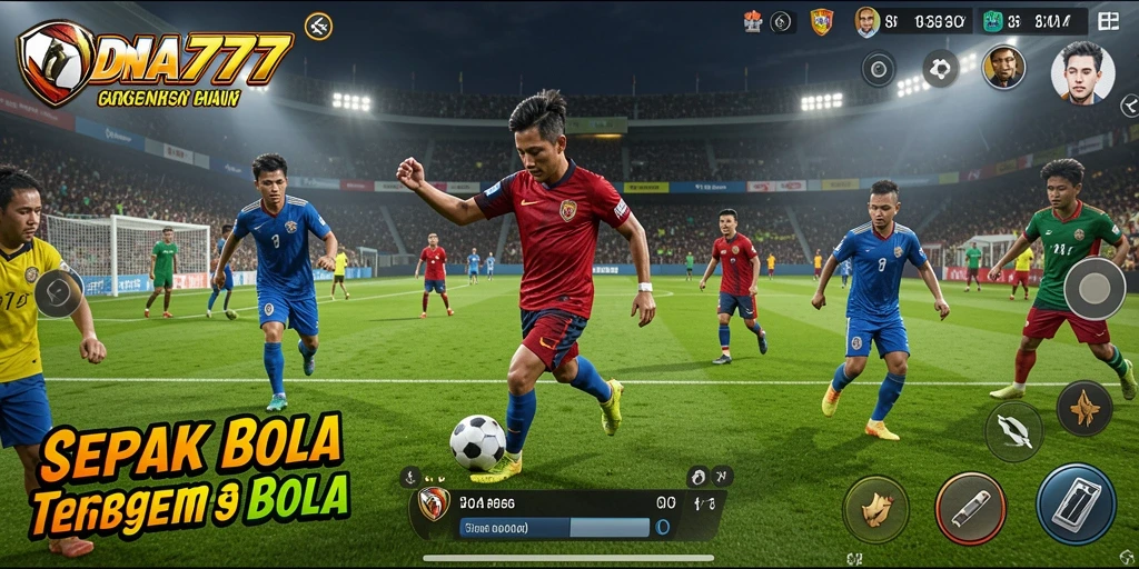 Tangkapan layar permainan DNA777 menampilkan aksi sepak bola yang mendebarkan.