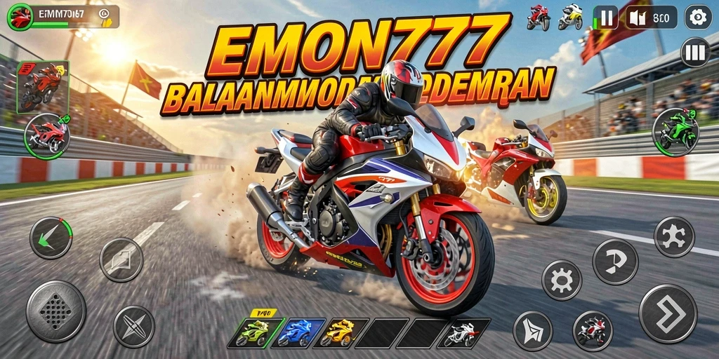 Screenshot gameplay EMON777 menampilkan balapan motor yang intens dan mendebarkan.
