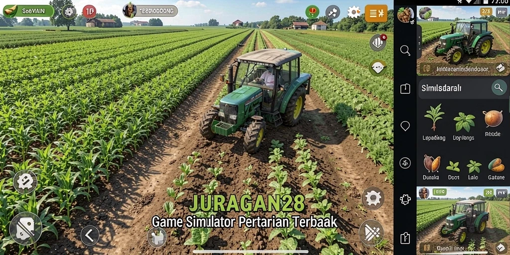Gameplay seru JURAGAN28 dengan berbagai aktivitas bercocok tanam.