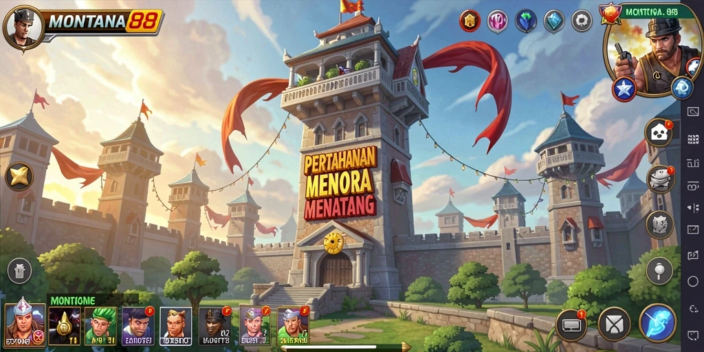Screenshot utama gameplay <strong>MONTANA88</strong> yang menampilkan pertahanan menara yang epik.