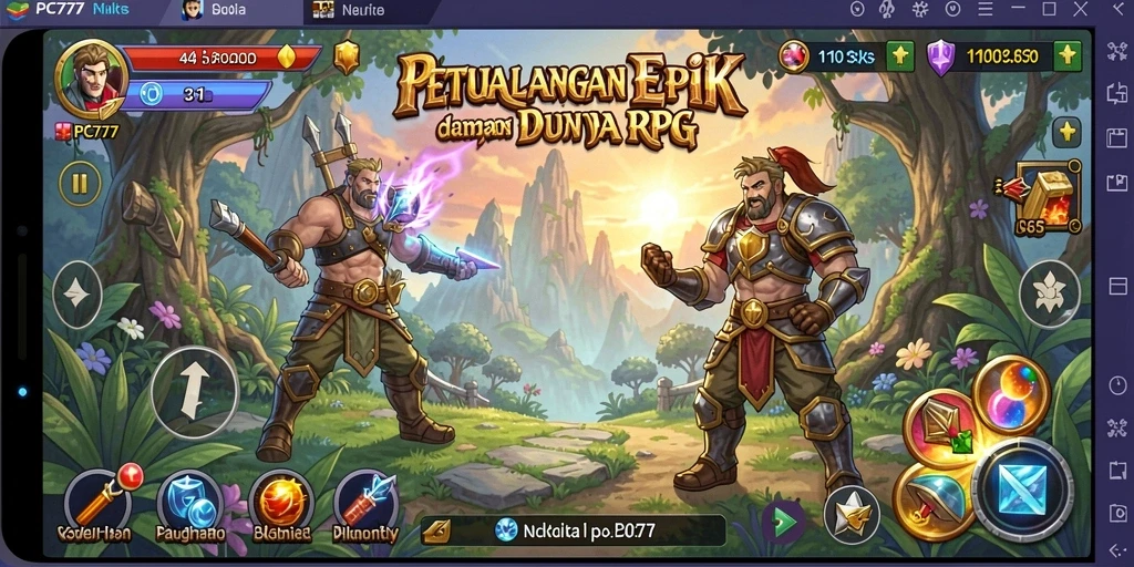 Screenshot PC777 menampilkan aksi pertarungan yang dramatis dalam petualangan RPG.