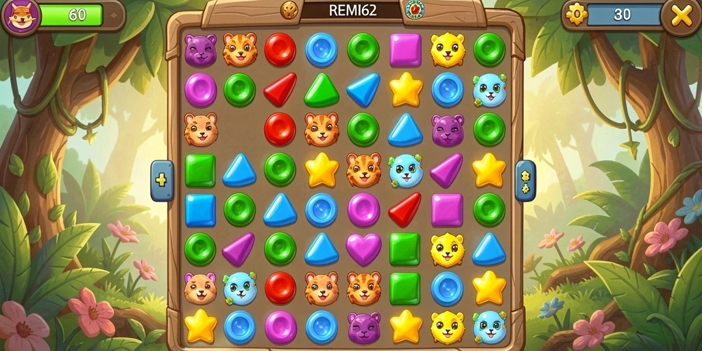 Tangkapan layar gameplay REMI62 menunjukkan momen seru mencocokkan permata.