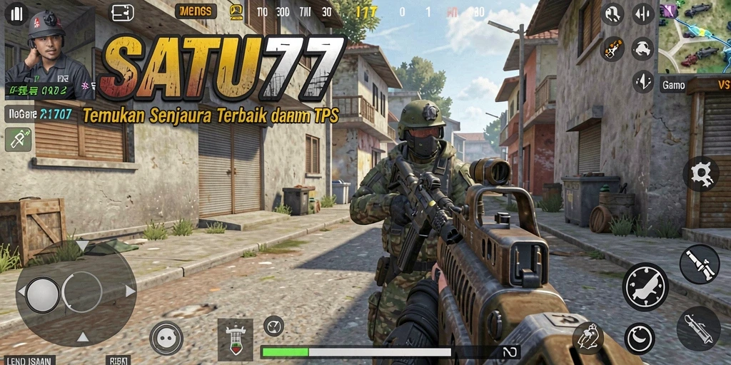 Screenshot utama SATU77 menampilkan aksi pertempuran epik dalam TPS.